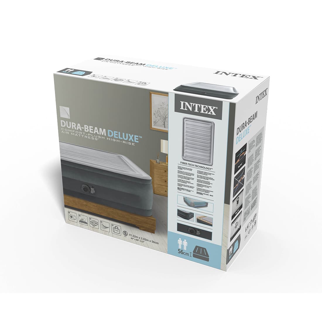 Матрас-кровать надувная Comfort-Plush High-Rise (Queen) 203 х 152 х 56 см, INTEX, 64418ND, Винил, Встроенный эл. насос, Сумка для переноски и хранения в комплекте, Серый, Цветная коробка