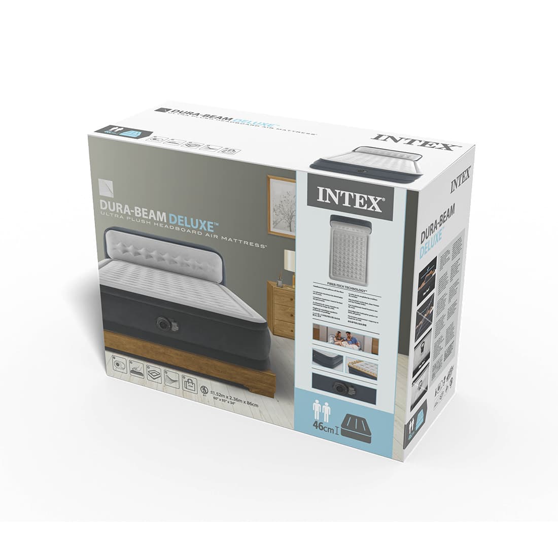 Матрас-кровать надувная Ultra-Plush Headboard (Queen) 236 х 152 х 86 см с изголовьем, INTEX, 64448ND, Винил, Встроенный эл. насос, Сумка для переноски и хранения в комплекте, Серый, Цветная коробка