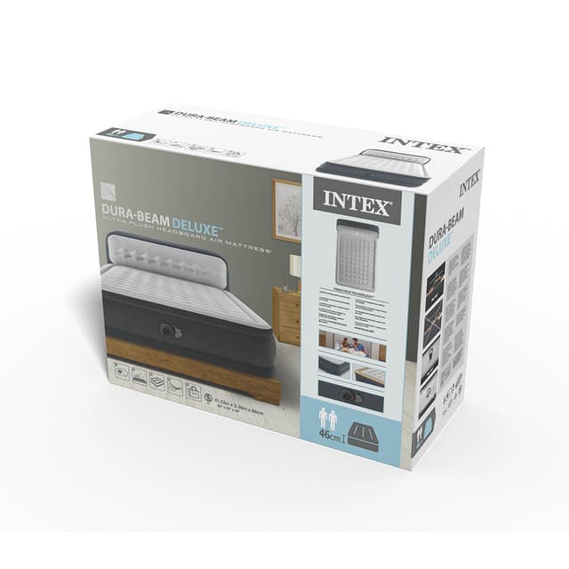 Матрас-кровать надувная Ultra-Plush Headboard (Queen) 236 х 152 х 86 см с изголовьем, INTEX, 64448ND, Винил, Встроенный эл. насос, Сумка для переноски и хранения в комплекте, Серый, Цветная коробка