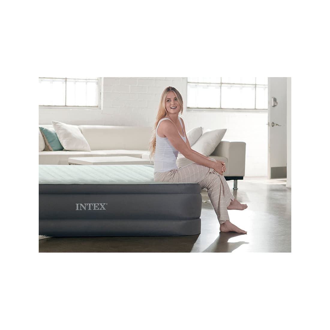 Матрас-кровать надувная PremAire I (Queen) 203 х 152 х 46 см, INTEX, 64906ND, Винил, Двухслойные стенки и дно, Встроенный эл. насос, Сумка для переноски и хранения в комплекте, Серый, Цветная коробка