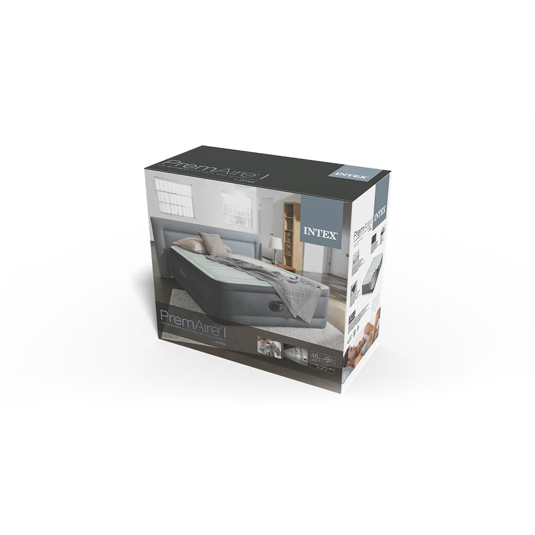 Матрас-кровать надувная PremAire I (Queen) 203 х 152 х 46 см, INTEX, 64906ND, Винил, Двухслойные стенки и дно, Встроенный эл. насос, Сумка для переноски и хранения в комплекте, Серый, Цветная коробка