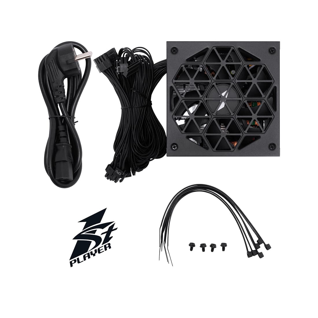 Блок питания, 1STPLAYER, HA 550W BK, 550W, ATX, 80+, APFC, 20+4pin, 4+4pin, 4*Sata, 2*Molex, 1*PCI-E 6+2-pin, Non-modular, Вентиялтор 14см, 145х150х86мм, Черный