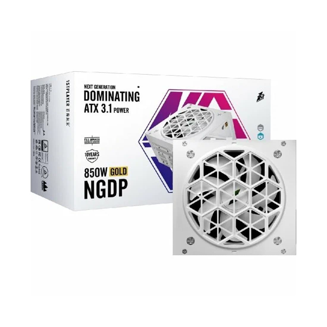 Блок питания, 1STPLAYER, HA-850BA4 WHITE, 850W, ATX 3.1, APFC, GOLD, 20+4pin, 2*4+4pin, 8*Sata, 4*Molex, 3*PCI-E 6+2pin, 1*(16pin)12VHPWR, Modular, Вентилятор 12см, 140х150х86мм, Белый