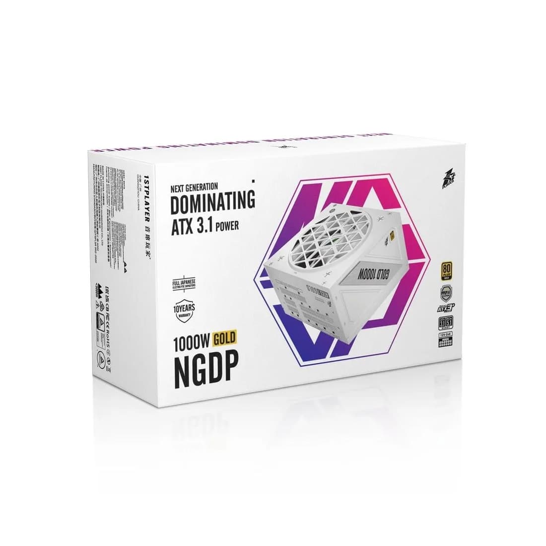 Блок питания, 1STPLAYER, HA-1000BA4 WHITE, 1000W, ATX 3.1, APFC, GOLD, 20+4pin, 2*4+4pin, 2*Sata, 3*PCI-E 6+2pin, 2*(16pin)12VHPWR, Modular, Вентилятор 12см, 140x150x86 мм, Белый