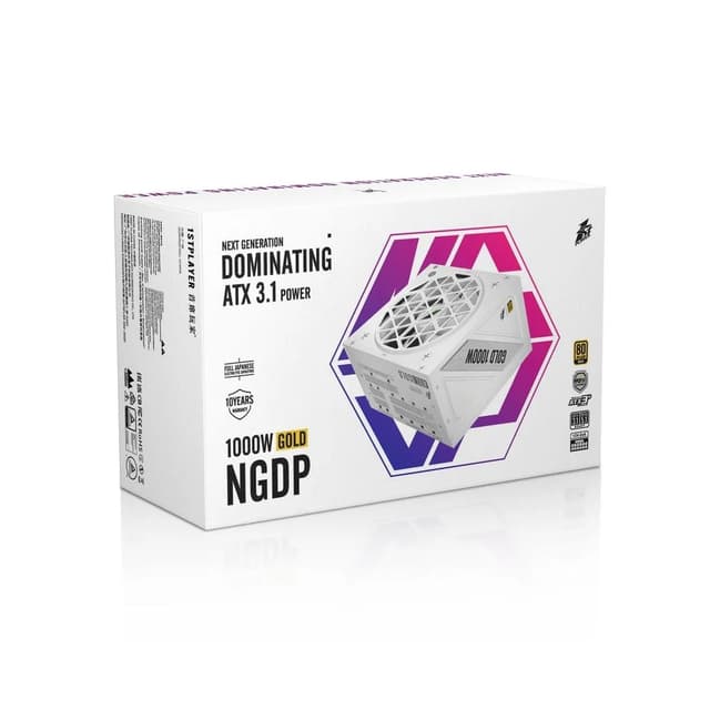 Блок питания, 1STPLAYER, HA-1000BA4 WHITE, 1000W, ATX 3.1, APFC, GOLD, 20+4pin, 2*4+4pin, 2*Sata, 3*PCI-E 6+2pin, 2*(16pin)12VHPWR, Modular, Вентилятор 12см, 140x150x86 мм, Белый
